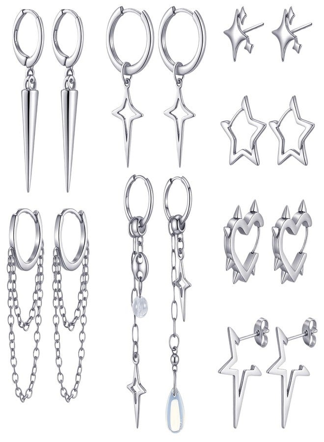Quelay 8 Pairs Hoop Dangle Earrings for Men Women Goth Gothic Grunge Emo Punk Y2k Kpop Tassel Chain Drop Stud Earrings Christmas Jewelry Gifts(Star Style,Silver) - Image 1